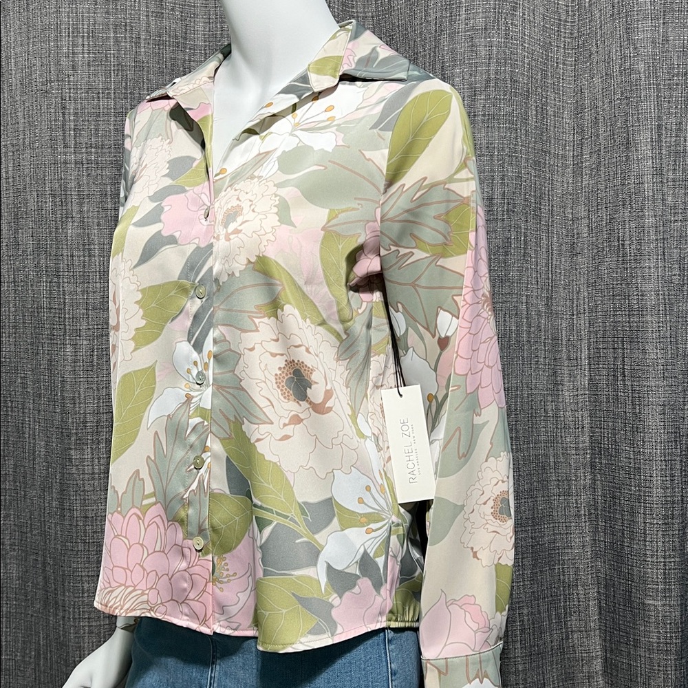 Rachel Zoe Pink & Green Floral Print Button Down Blouse XS NWT
